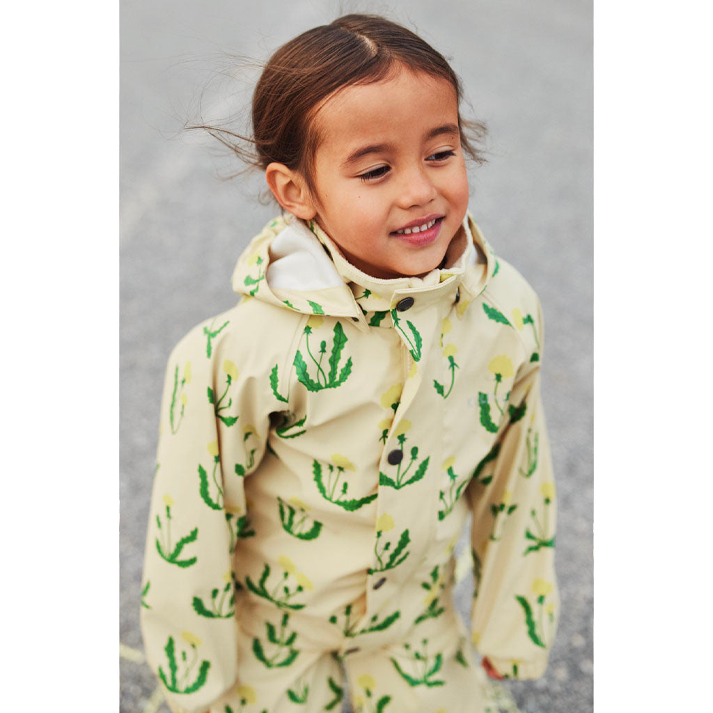 Unlined Rain Set, Yellow with Dandelion pattern, Model image, Front, Close up