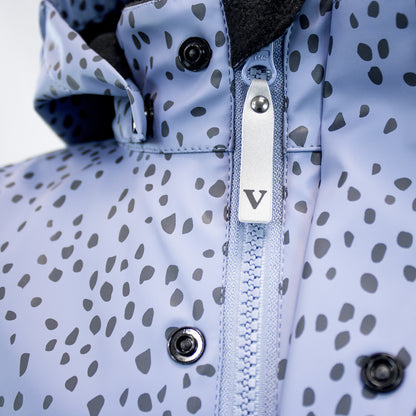 Lined rain jacket, blue with black dots, front, zoomed in product image