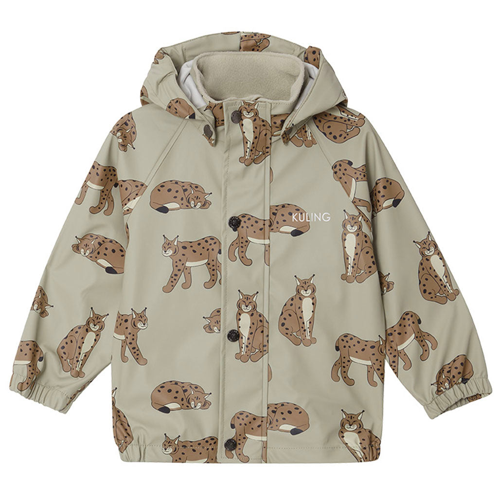 Unlined  Rain Jacket, Green with lynx pattern, Product Image, Front