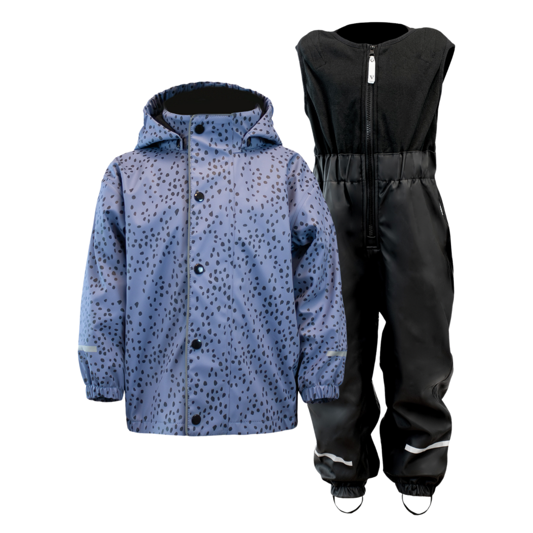 Lined rain set, front, product image, blue with black dots